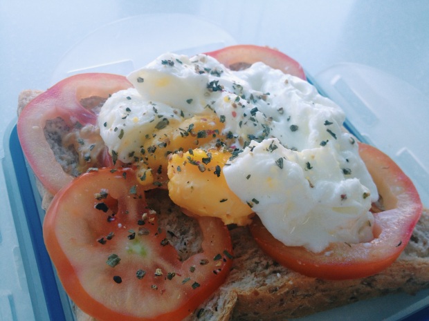 Microwave Poached egg on tomatoes and toasted whole wheat